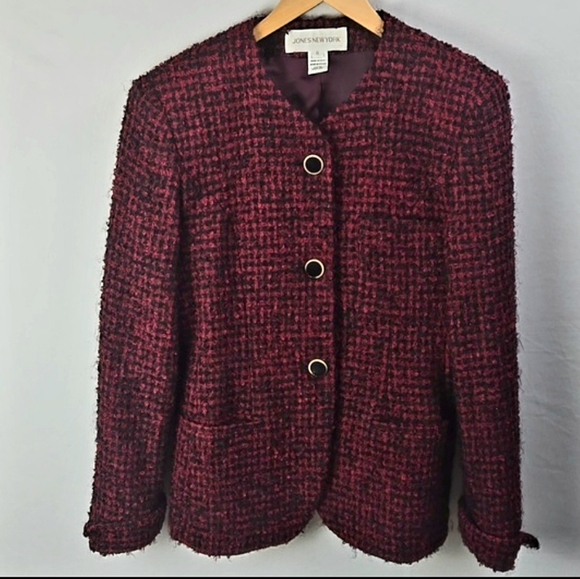 Jones New York Jackets & Blazers - Jones New York Red Black Mohair & Wool Blend Tweed Jacket w/ Detail Buttons Sz 8